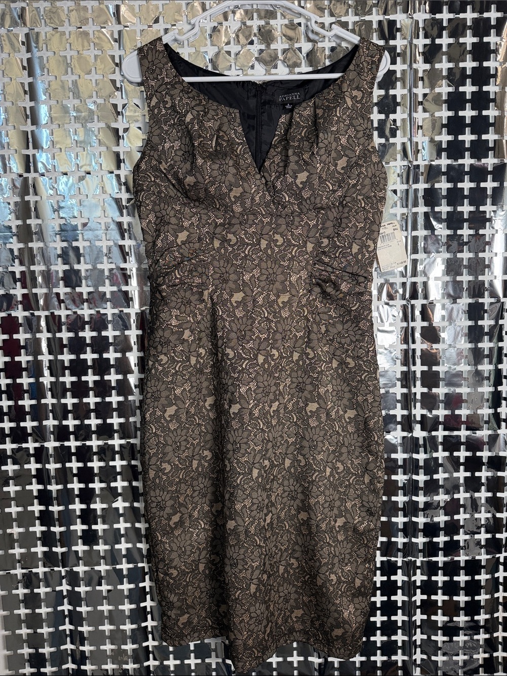 Adrianna Papell Black and Brown Lace Midi Sheath Dress